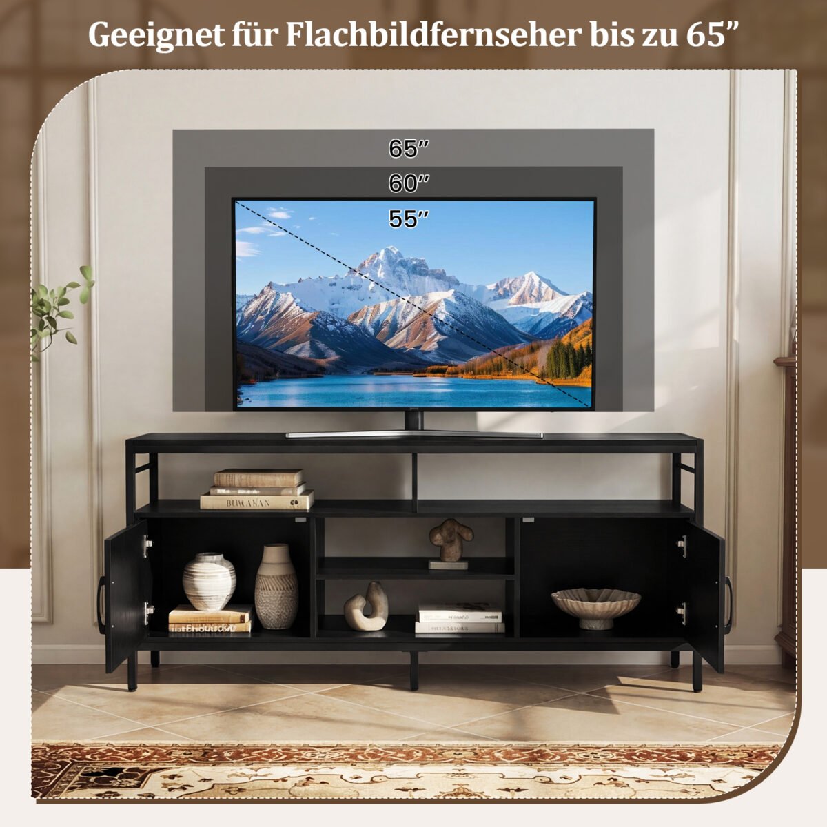 TV spintelė iki 65 colių televizoriams su uždaromomis spintelėmis ir atviromis lentynomis (Juoda) – Paveikslėlis 5