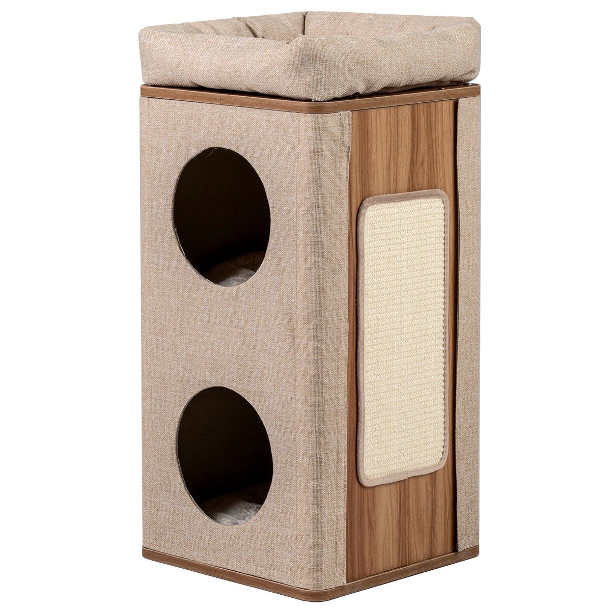 Trijų aukštų kačių draskyklė-bokštas su sizalio draskymo lenta (Smėlio spalva)