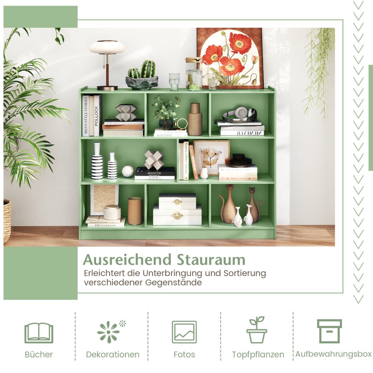 Trijų aukštų knygų lentyna su 8 atvirais skyriais ir apsauga nuo apvirtimo (Žalia) – Paveikslėlis 4