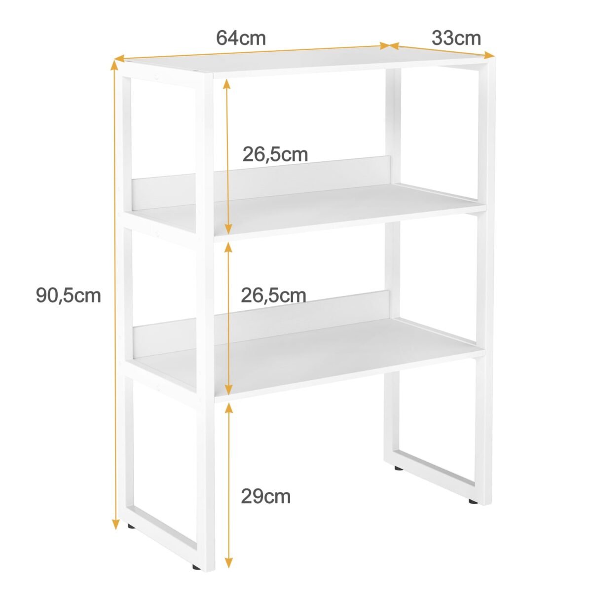Trijų aukštų universali lentyna su apsauga nuo kritimo ir reguliuojamomis kojelėmis (Balta)