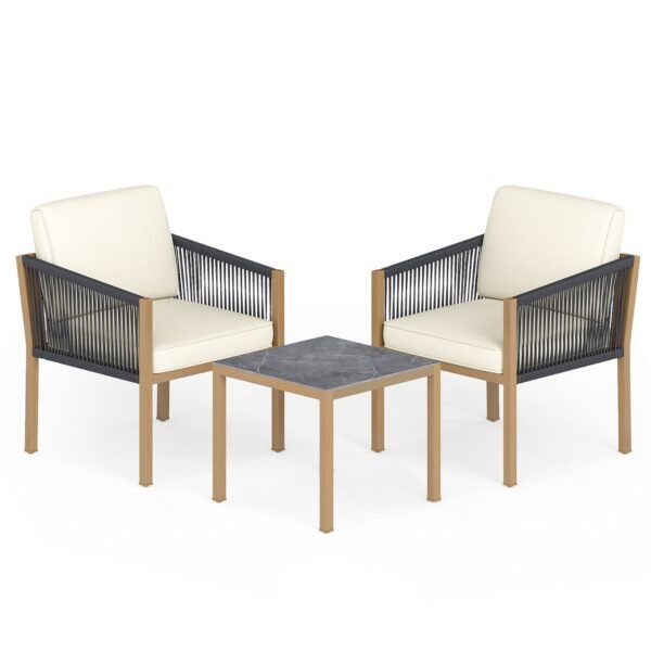 Trijų dalių bistro komplektas su pinta virvele ir minkštomis pagalvėlėmis (Smėlio)