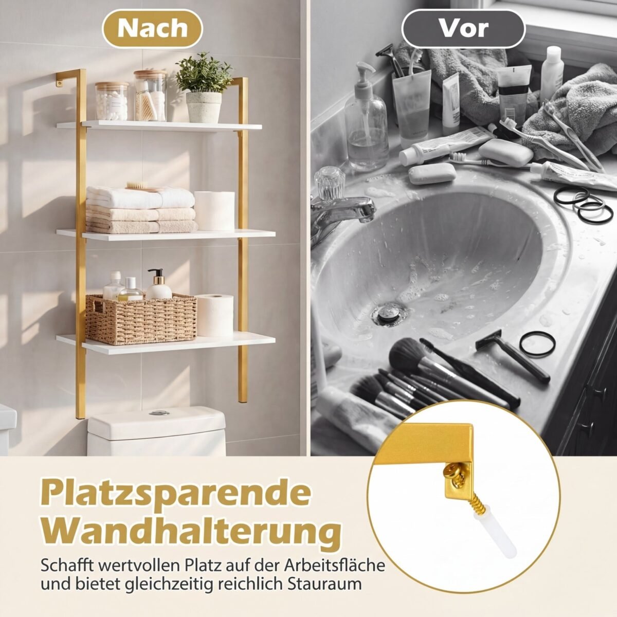 Trijų lygių sieninė lentyna su metaliniu rėmu (Balta) – Paveikslėlis 3