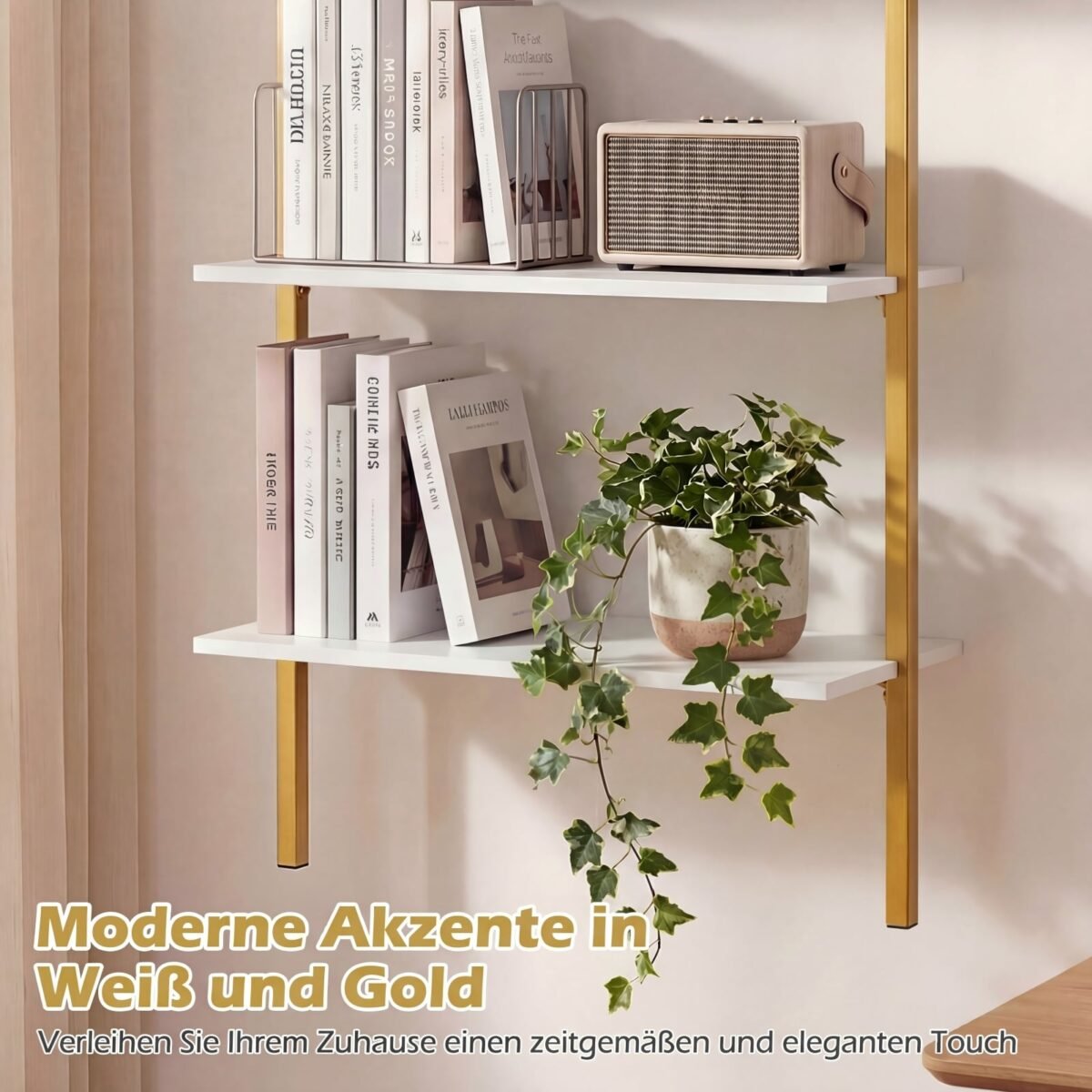 Trijų lygių sieninė lentyna su metaliniu rėmu (Balta) – Paveikslėlis 4