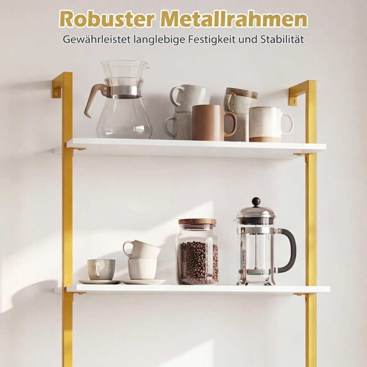 Trijų lygių sieninė lentyna su metaliniu rėmu (Balta) – Paveikslėlis 5