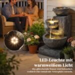 Trijų pakopų akmens imitacijos sodo fontanas su LED apšvietimu