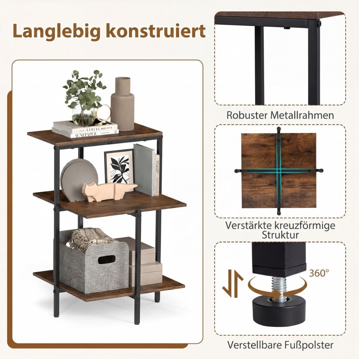 Trijų pakopų šoninis staliukas su atviromis lentynomis (Rustikali ruda)