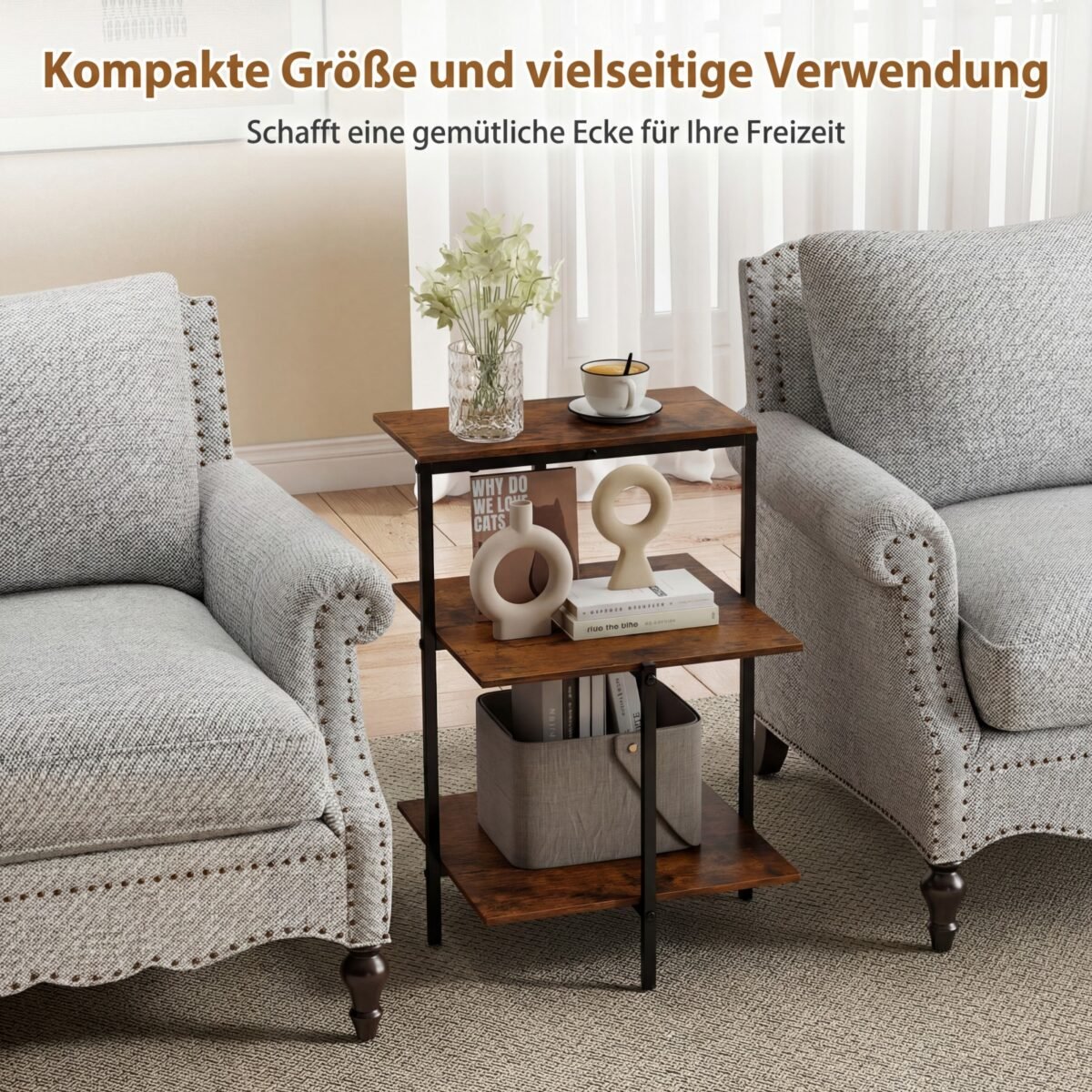 Trijų pakopų šoninis staliukas su atviromis lentynomis (Rustikali ruda) – Paveikslėlis 4