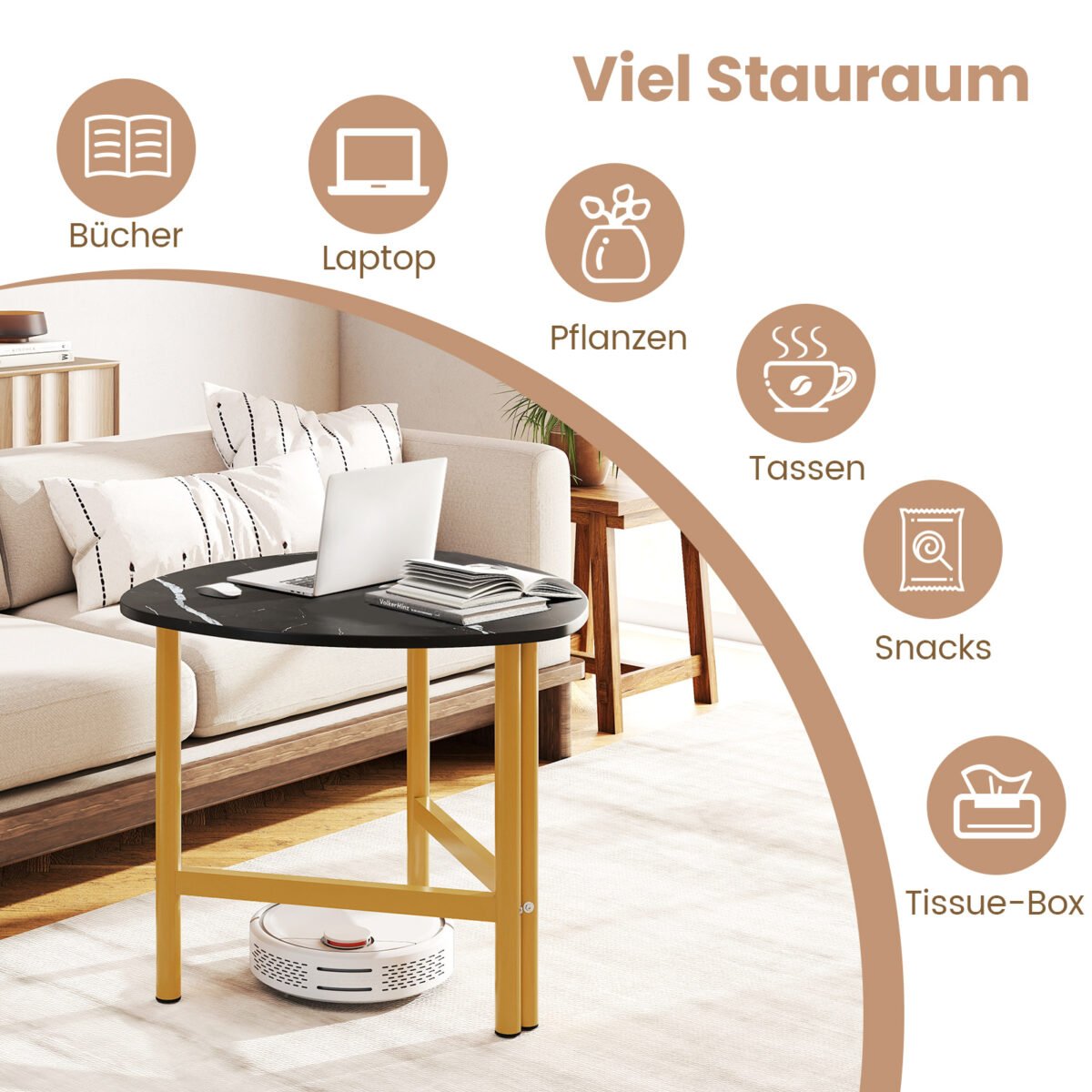 Trikampis svetainės staliukas su rustikaliu medienos paviršiumi (Ruda + Juoda) – Paveikslėlis 3