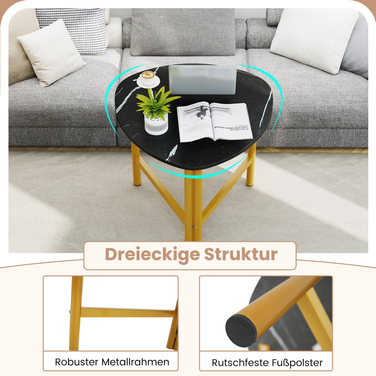 Trikampis svetainės staliukas su rustikaliu medienos paviršiumi (Ruda + Juoda) – Paveikslėlis 4