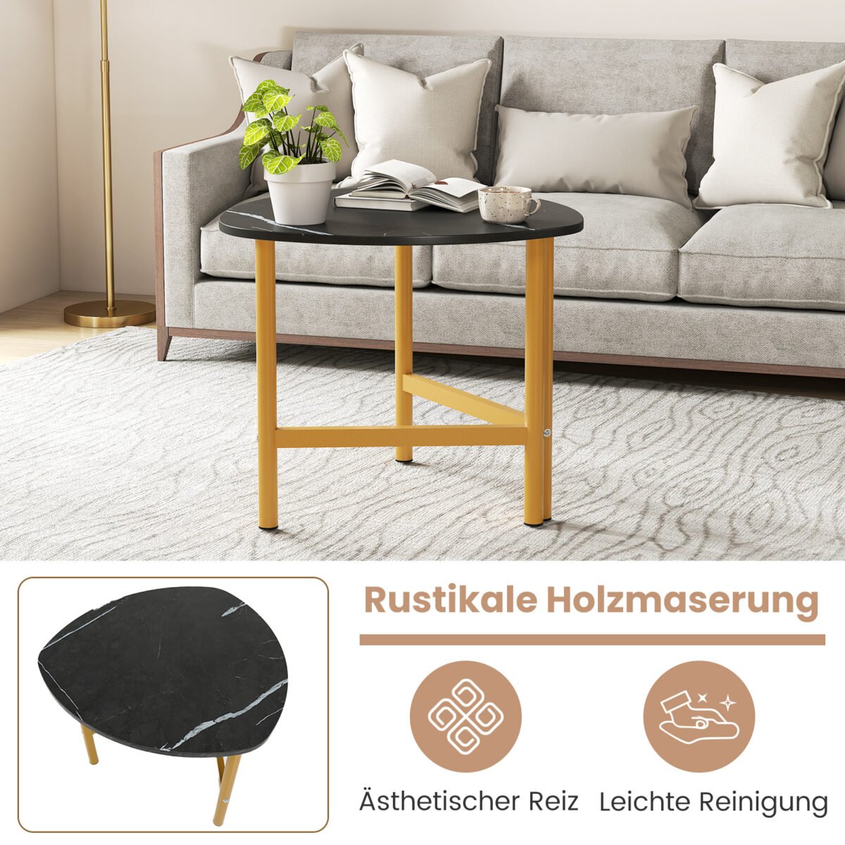 Trikampis svetainės staliukas su rustikaliu medienos paviršiumi (Ruda + Juoda) – Paveikslėlis 5