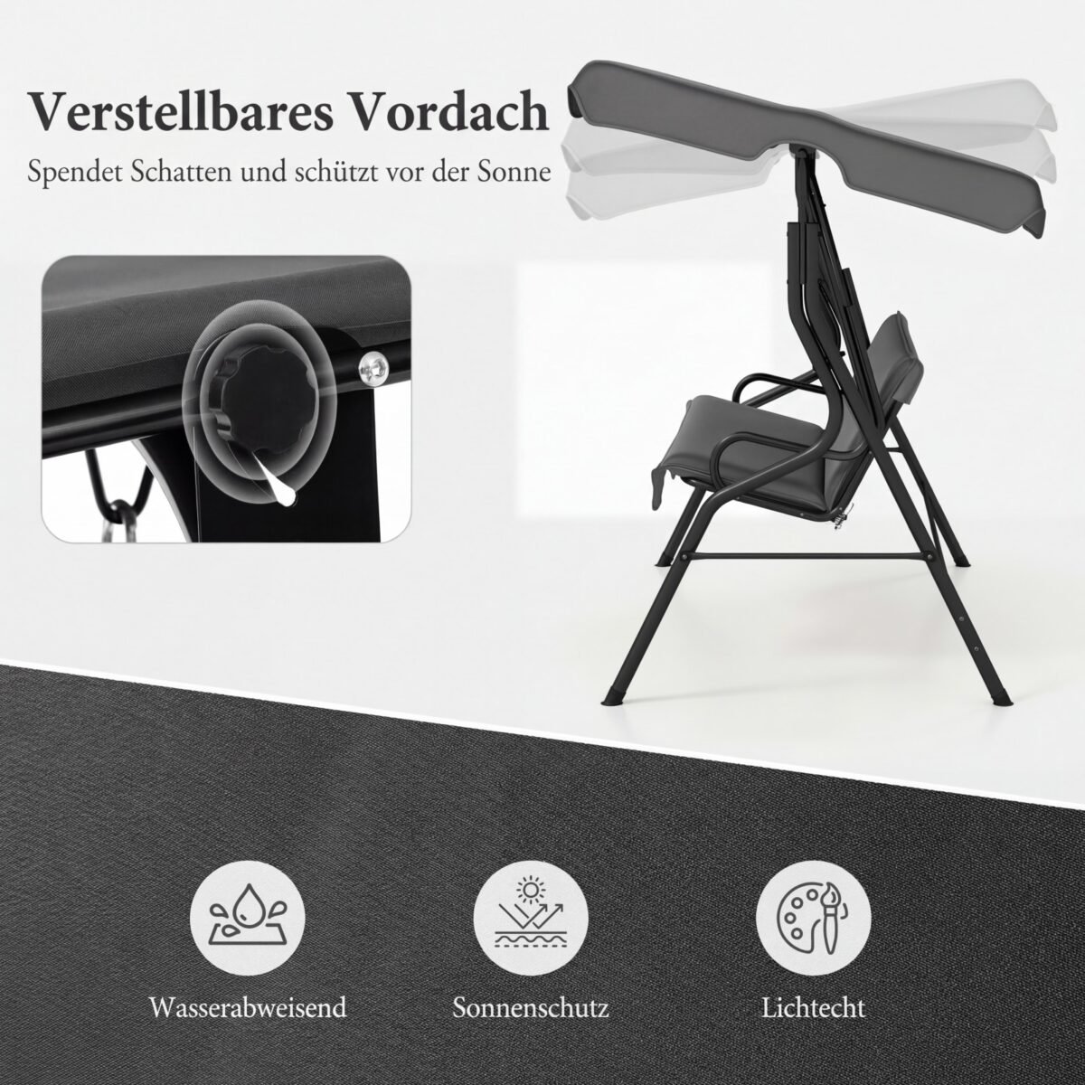 Trivietės sūpynės su reguliuojamu stogeliu (Pilka) – Paveikslėlis 3