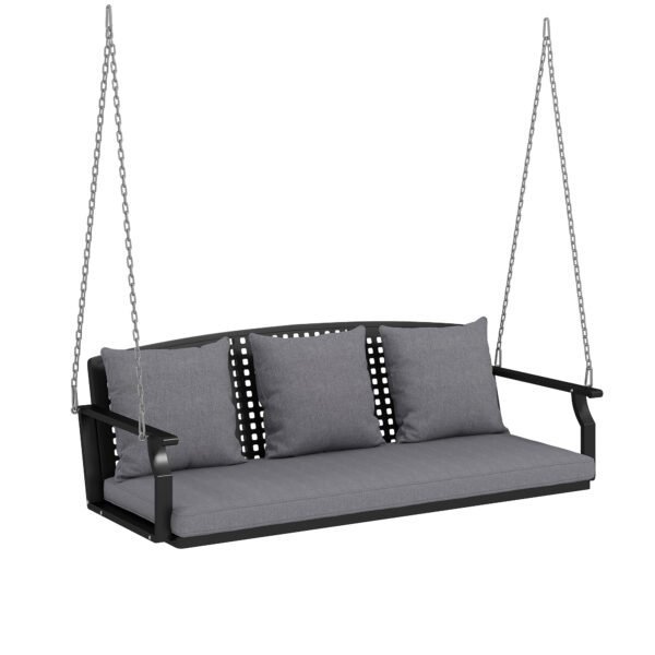 Trivietis supamas sodo ir verandos suoliukas su reguliuojamomis grandinėmis ir patogiomis pagalvėlėmis