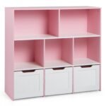 Vaikiška 3 pakopų žaislų spinta ant ratukų su stalčiais ir 5 skyriais (Rožinė)