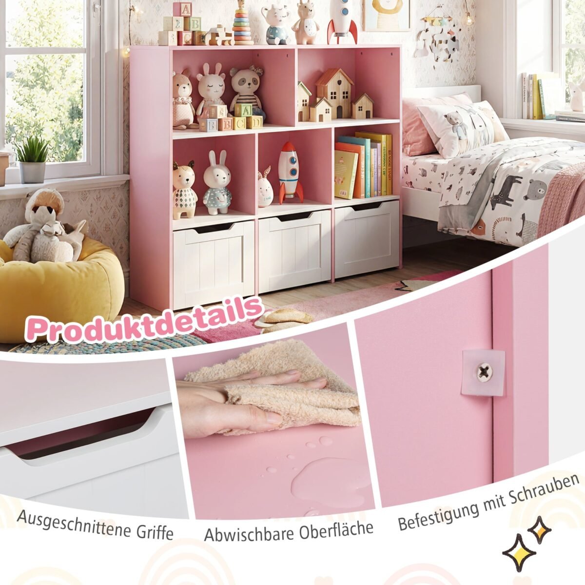 Vaikiška 3 pakopų žaislų spinta ant ratukų su stalčiais ir 5 skyriais (Rožinė) – Paveikslėlis 4