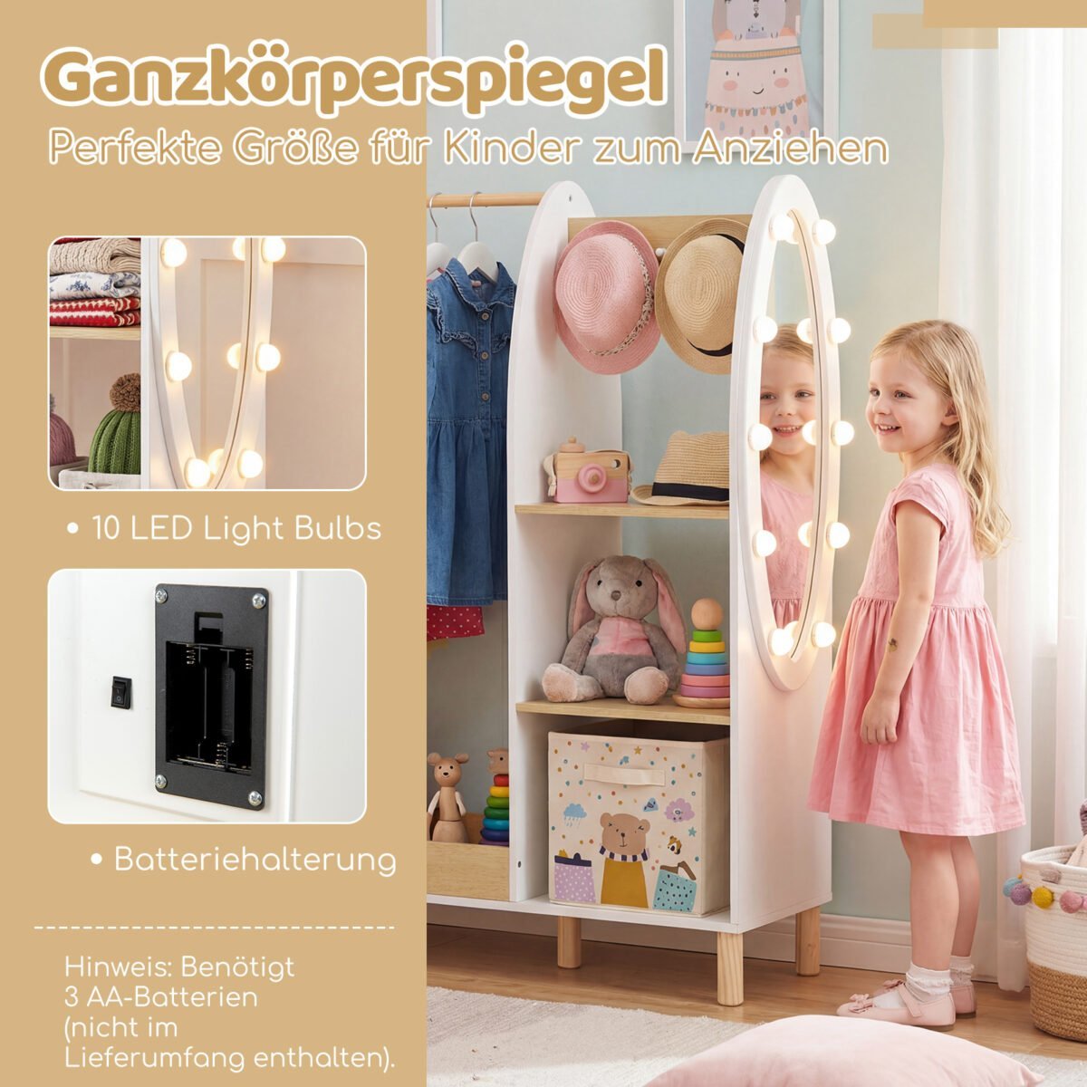 Vaikiška drabužių ir daiktų spinta su ceidrodžiu ir apšvietimu (Balta) – Paveikslėlis 3