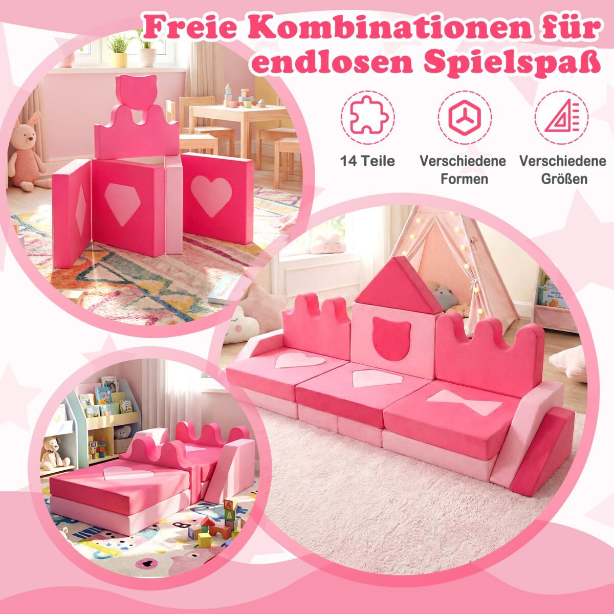 Vaikiška modulinė 14 dalių žaidimų sofa (Rožinė) – Paveikslėlis 4