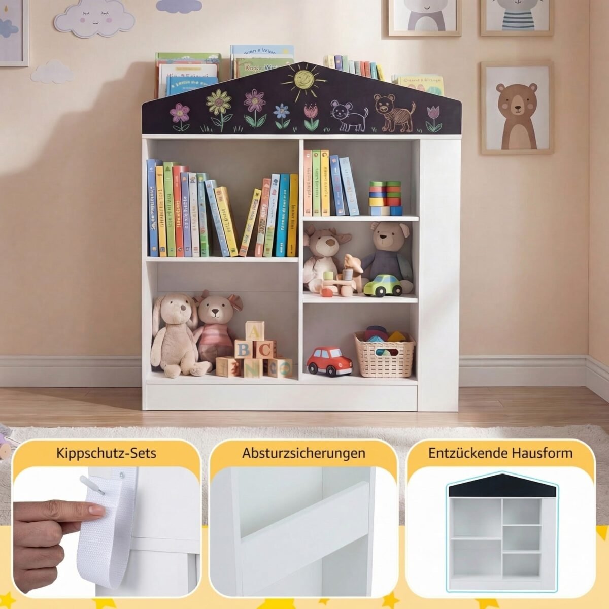 Vaikiška namelio formos knygų lentyna su integruota lenta (Balta) – Paveikslėlis 4