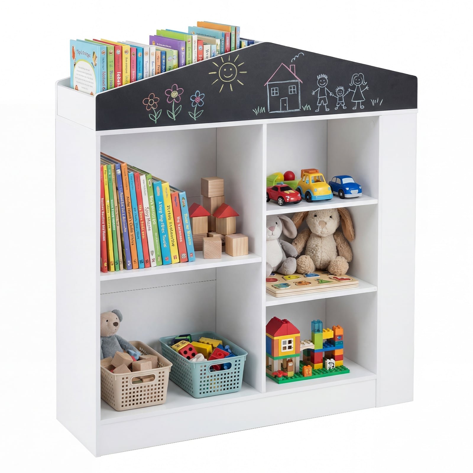 Vaikiška namelio formos knygų lentyna su integruota lenta (Balta)