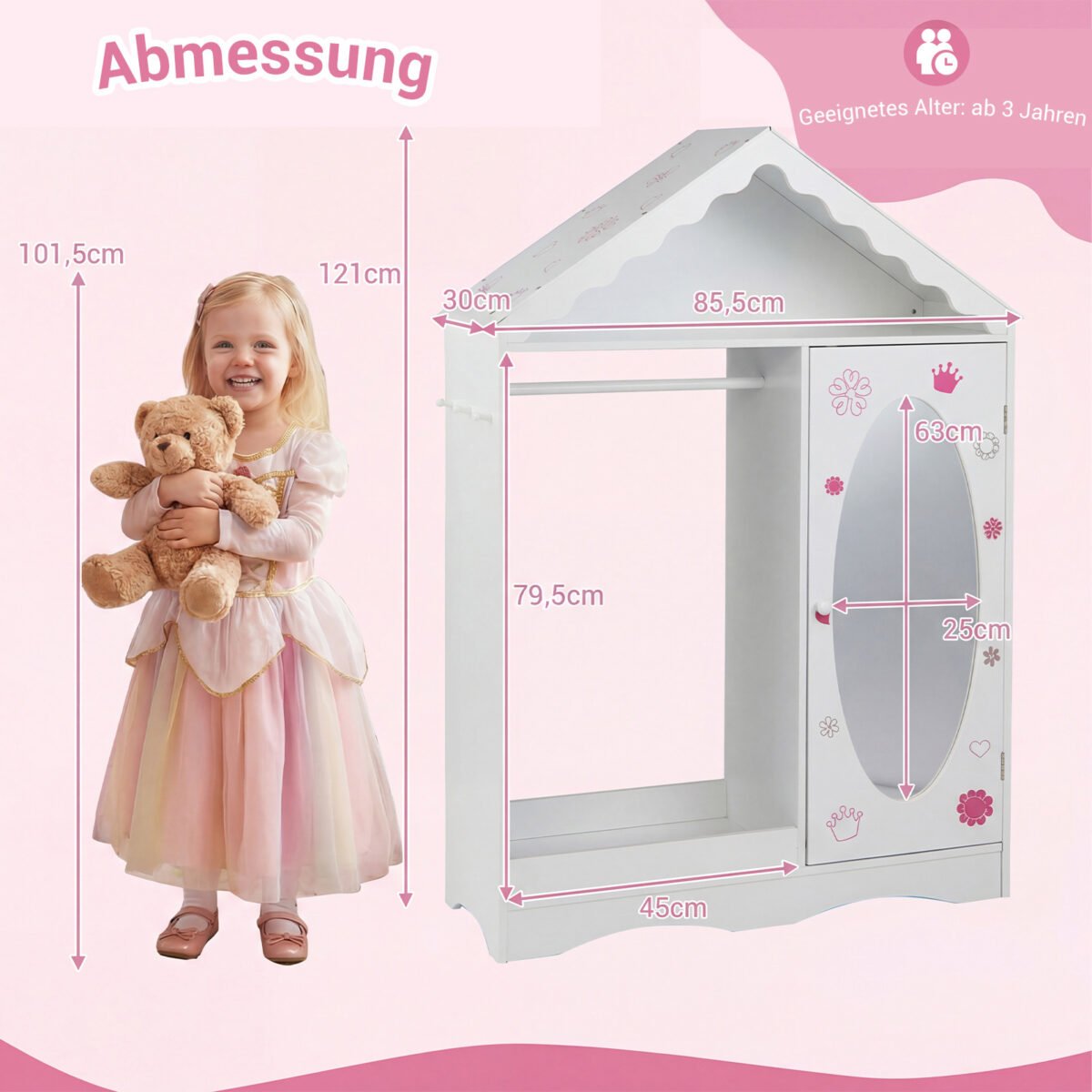 Vaikiška stogo formos spinta su veidrodžiu ir atvira drabužių kabykla (Balta) – Paveikslėlis 2