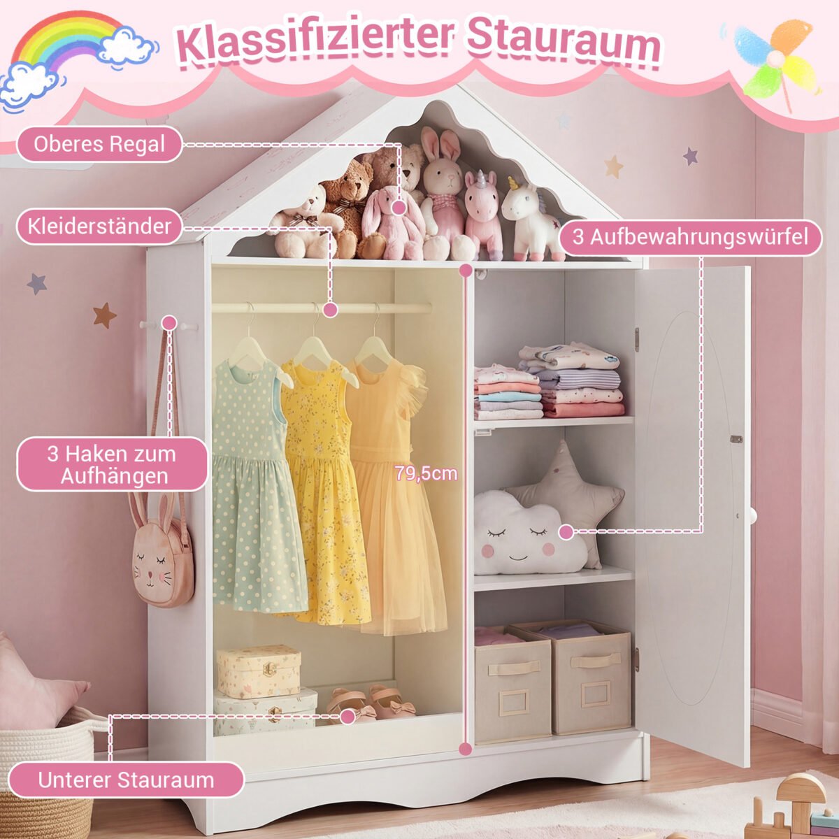 Vaikiška stogo formos spinta su veidrodžiu ir atvira drabužių kabykla (Balta) – Paveikslėlis 4