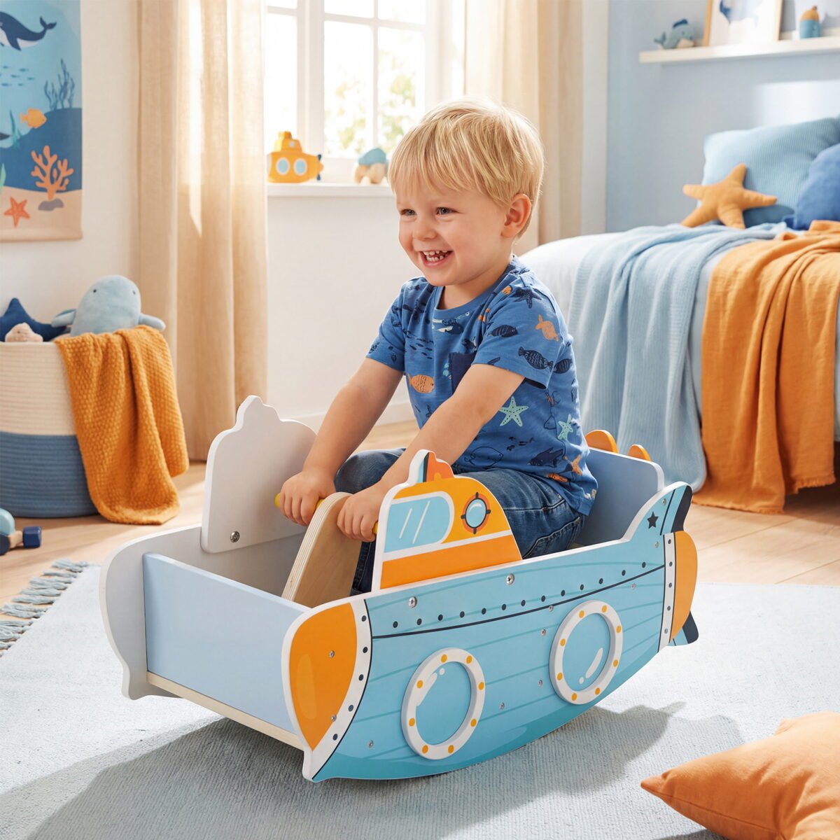Vaikiška supynė-valtis su jūrinio stiliaus dizainu ir besisukančiu sraigtu (Mėlyna) – Paveikslėlis 5