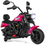 Vaikiškas Chopper stiliaus motociklas su muzika ir pagalbiniais ratukais (Rožinė)