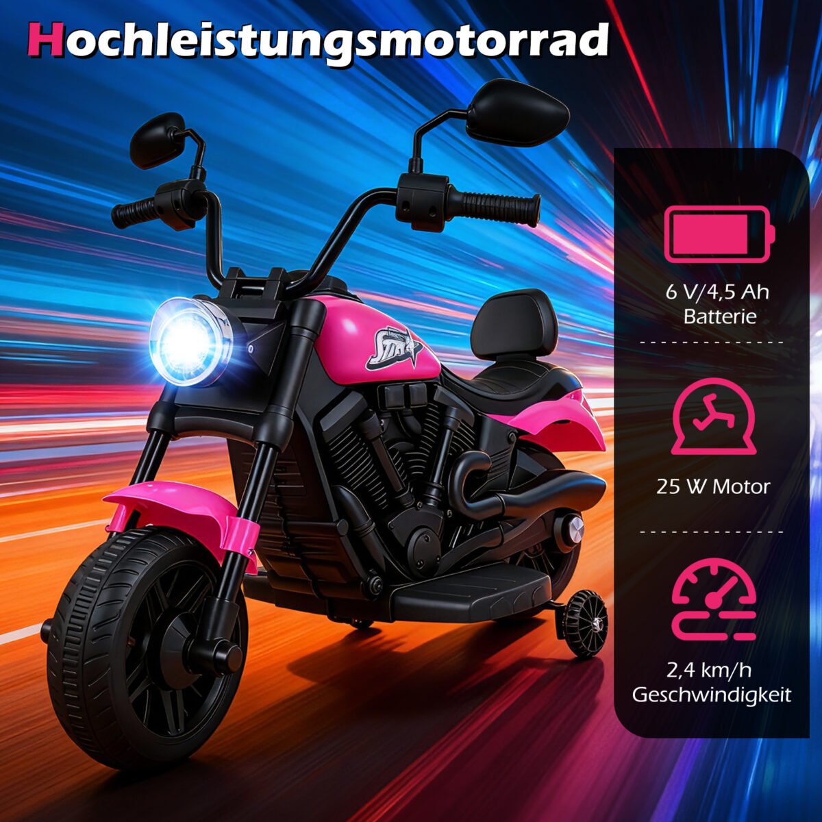 Vaikiškas chopper-motociklas su muzika ir pagalbiniais ratukais (Rožinė)