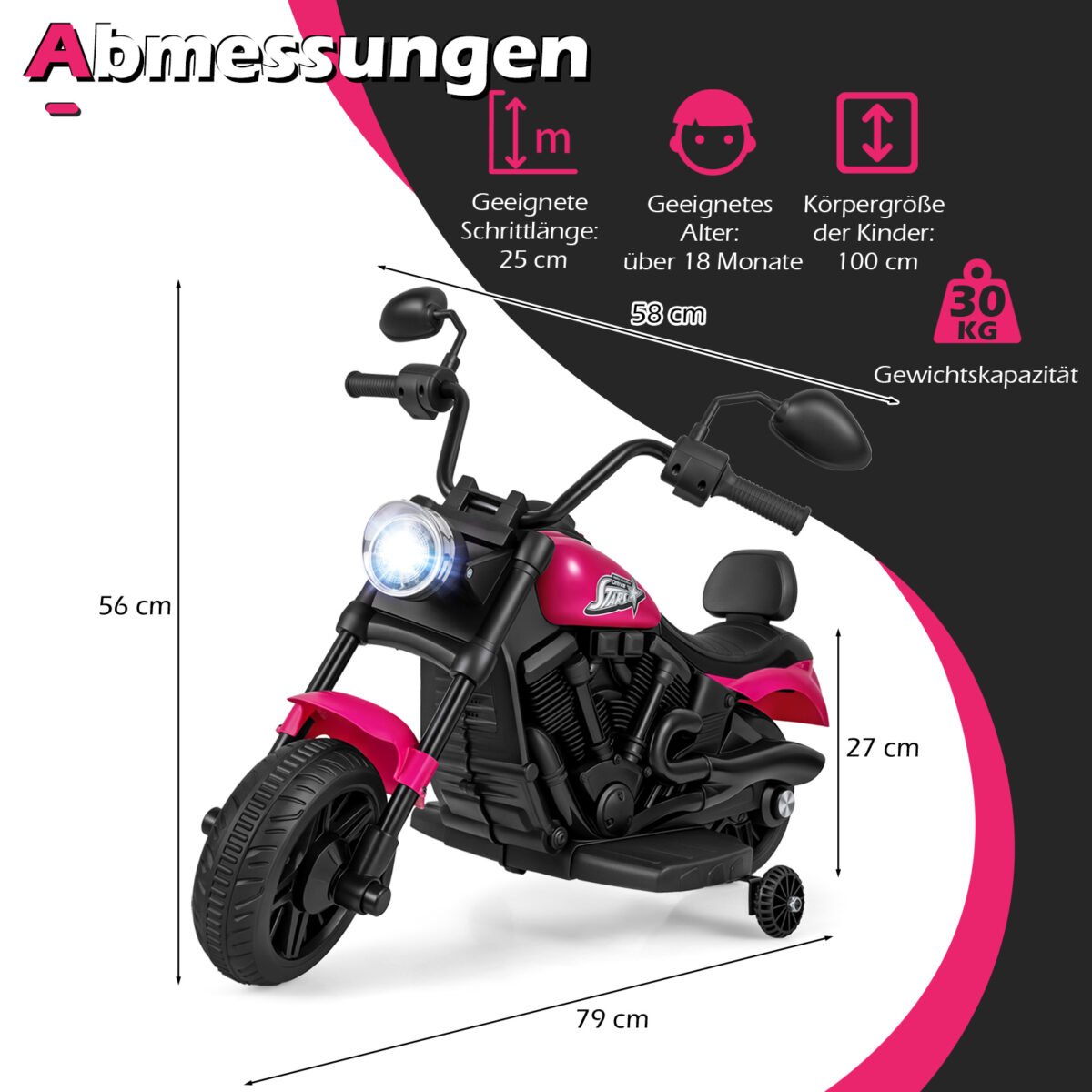 Vaikiškas Chopper stiliaus motociklas su muzika ir pagalbiniais ratukais (Rožinė) – Paveikslėlis 5