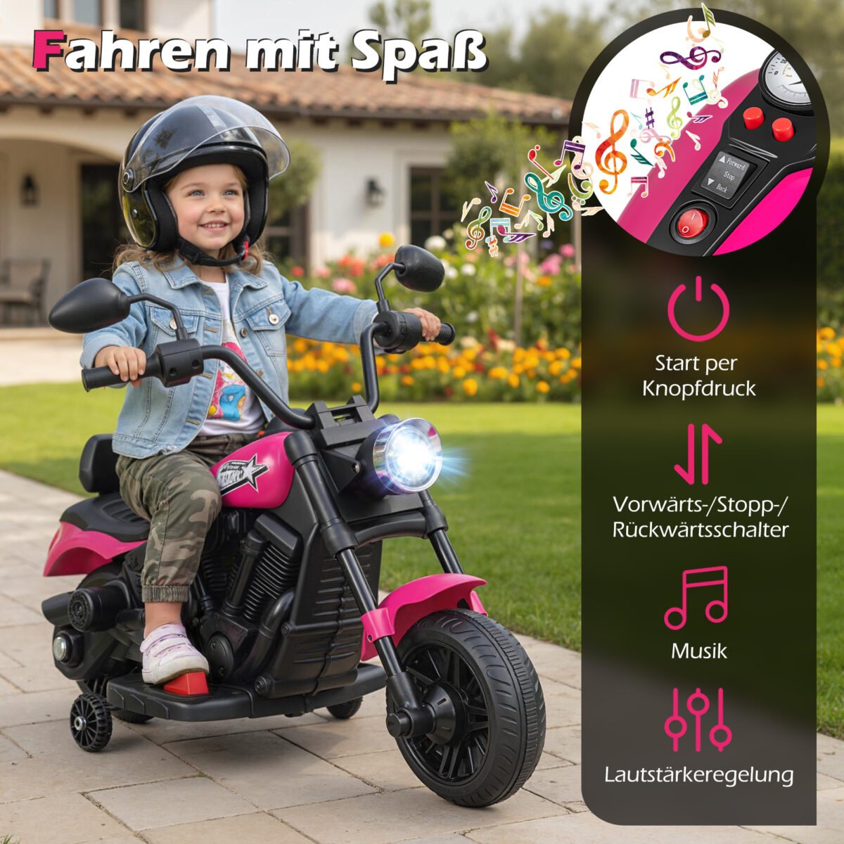 Vaikiškas Chopper stiliaus motociklas su muzika ir pagalbiniais ratukais (Rožinė) – Paveikslėlis 3