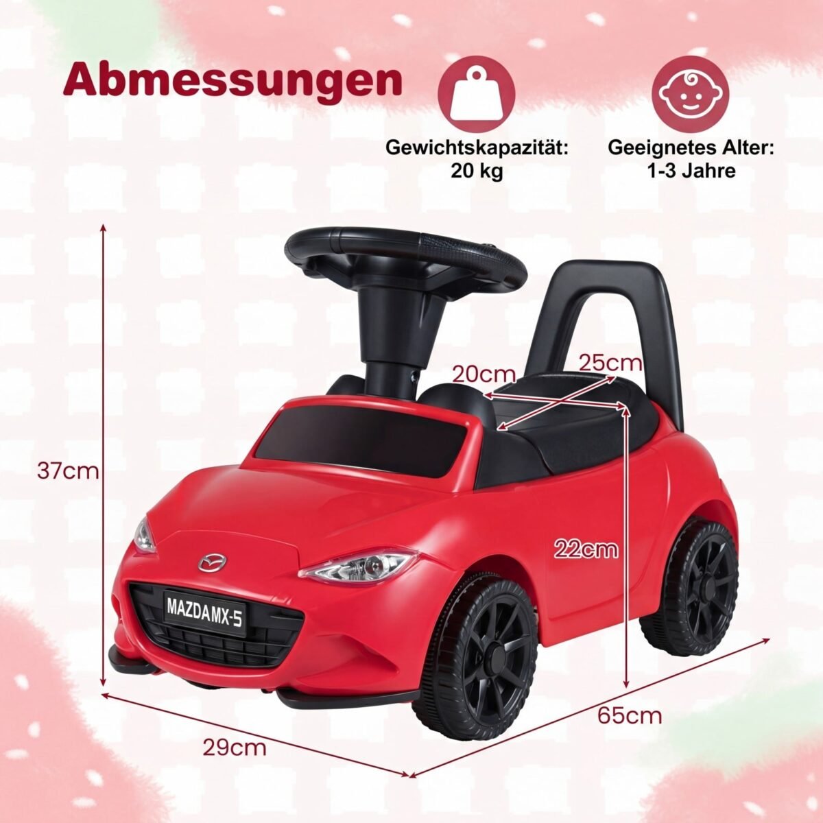 Vaikiška mašinėlė paspirtukas su apsauga nuo apvirtimo ir daiktadėže po sėdyne (Raudona) – Paveikslėlis 2