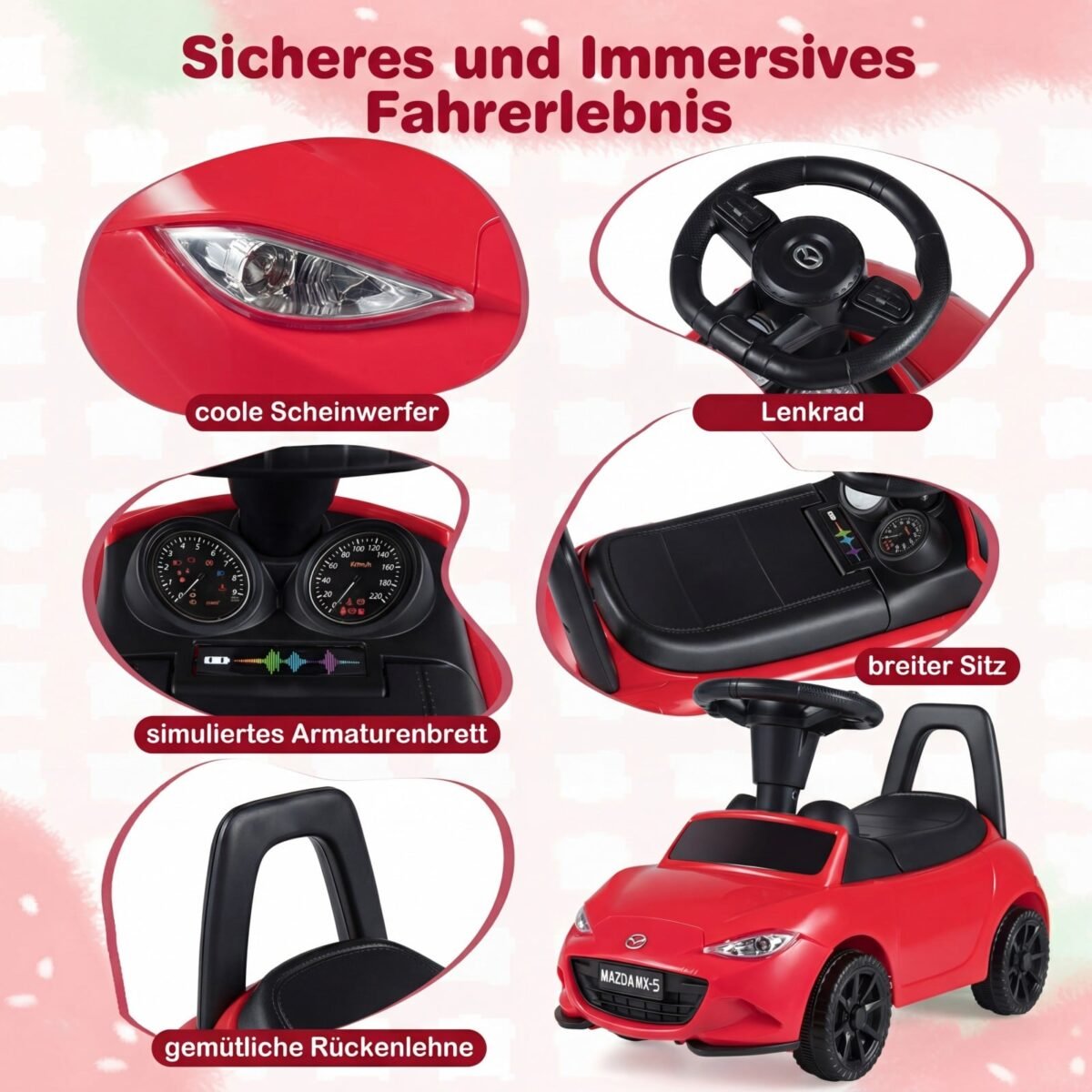 Vaikiška mašinėlė paspirtukas su apsauga nuo apvirtimo ir daiktadėže po sėdyne (Raudona) – Paveikslėlis 3