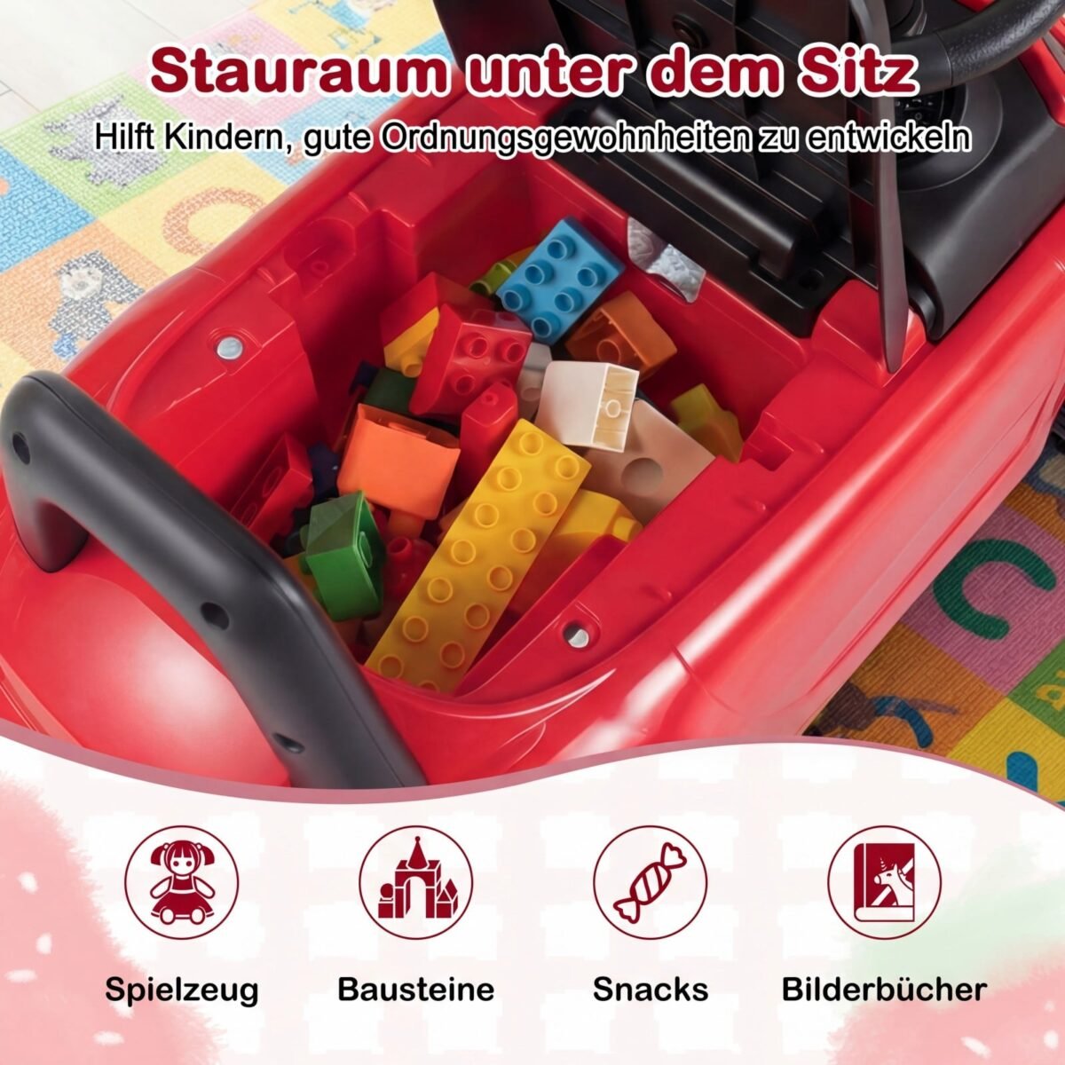 Vaikiška mašinėlė paspirtukas su apsauga nuo apvirtimo ir daiktadėže po sėdyne (Raudona) – Paveikslėlis 4