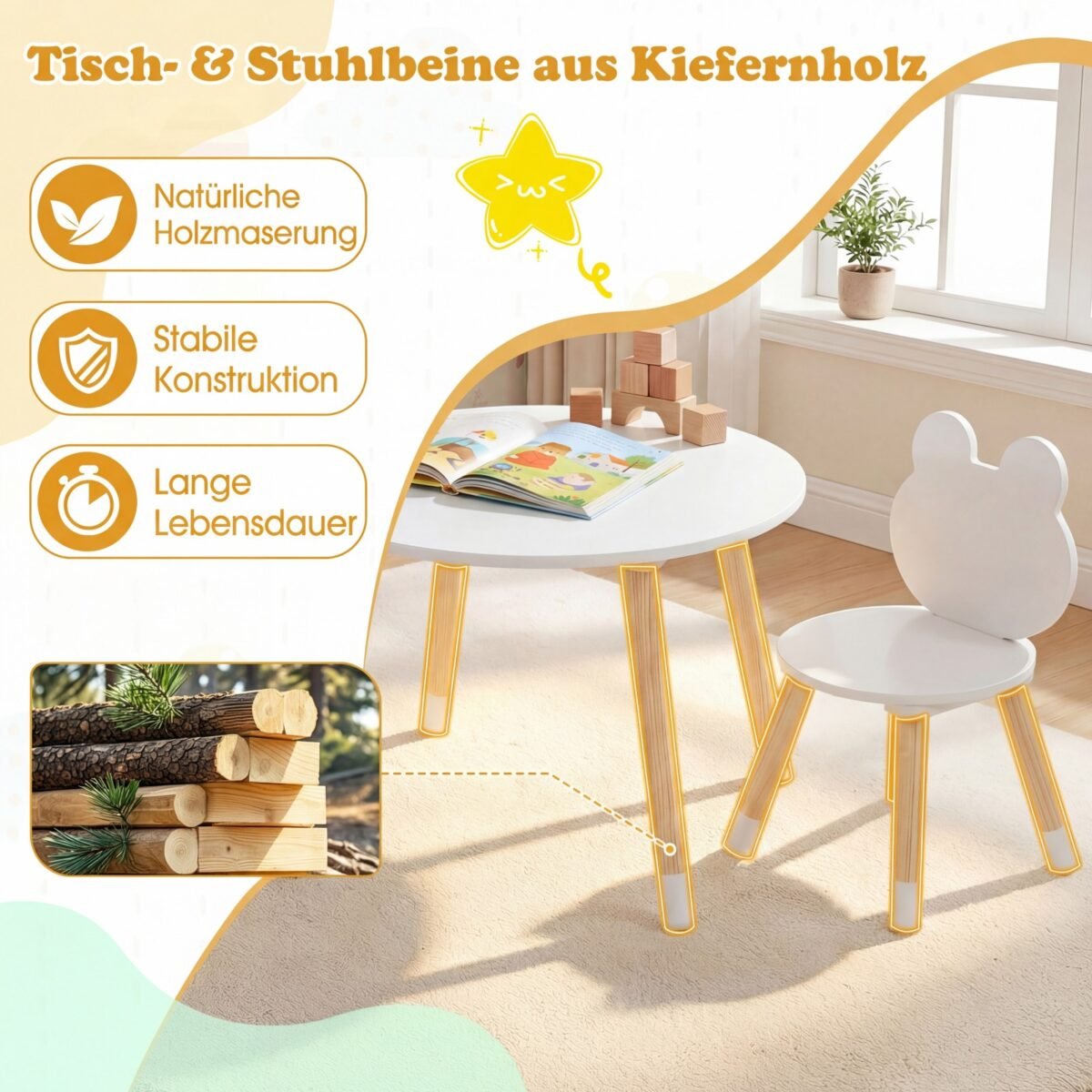 Vaikiškas stalas su 2 varlytės formos atlošų kėdutėmis (Balta)