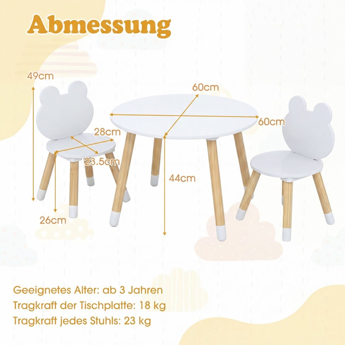 Vaikiškas stalas su 2 varlytės formos atlošų kėdutėmis (Balta) – Paveikslėlis 5