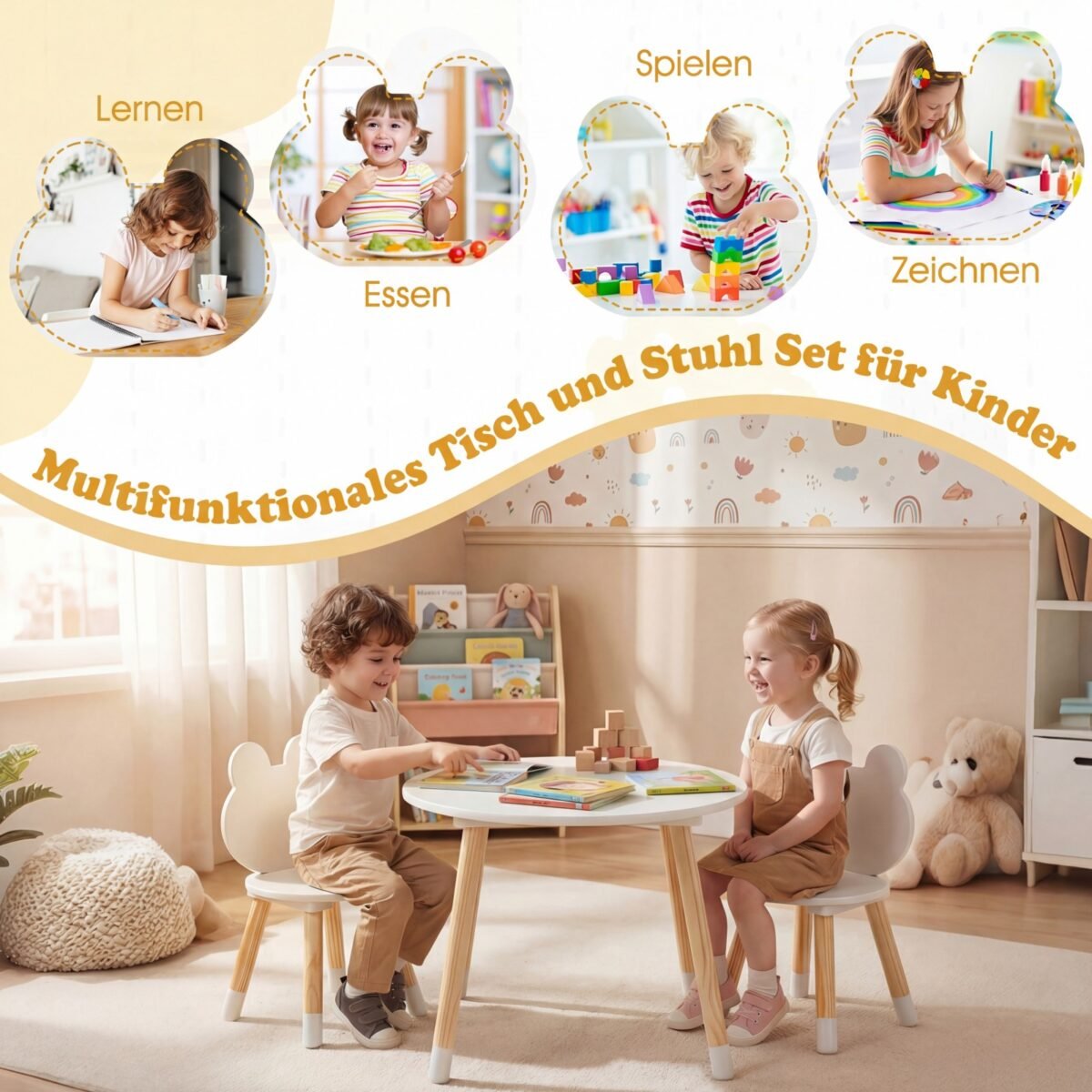 Vaikiškas stalas su 2 varlytės formos atlošų kėdutėmis (Balta) – Paveikslėlis 2