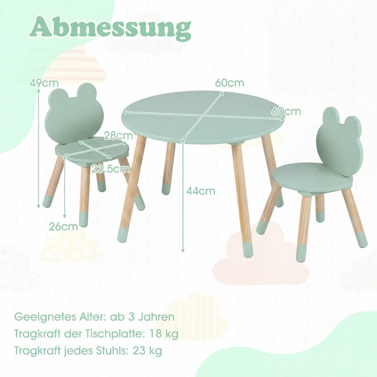 Vaikiškas staliukas su 2 kėdėmis ir varlytės formos atlošais (Žalia) – Paveikslėlis 5