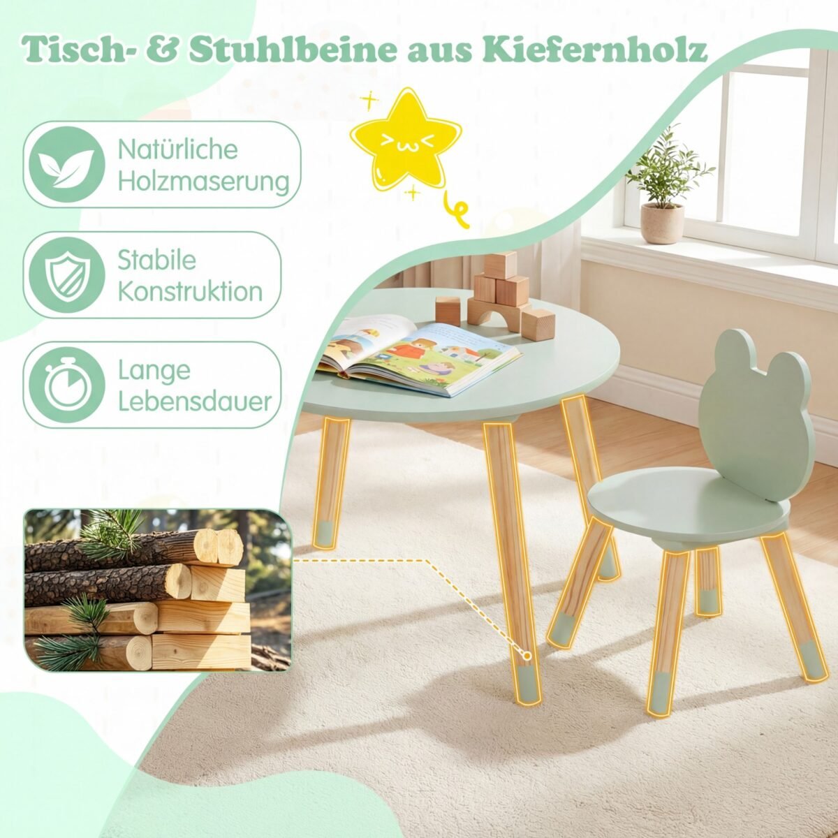 Vaikiškas staliukas su 2 kėdėmis ir varlytės formos atlošais (Žalia) – Paveikslėlis 3