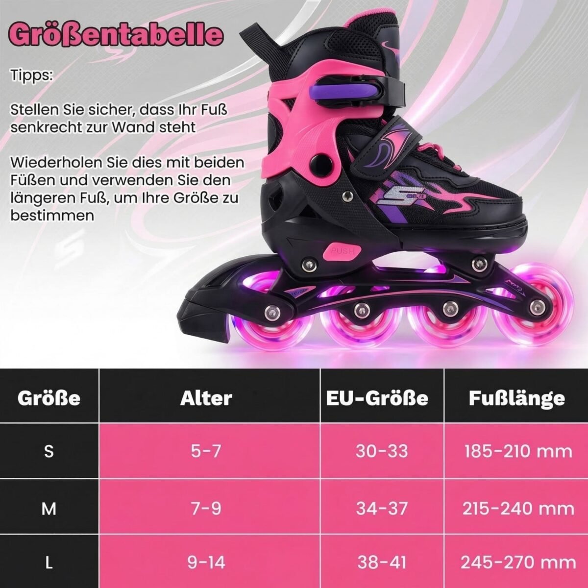 Vaikiški reguliuojami riedučiai su šviečiančiais ratukais pradedantiesiems EU 30-33 (Rožinė) – Paveikslėlis 2