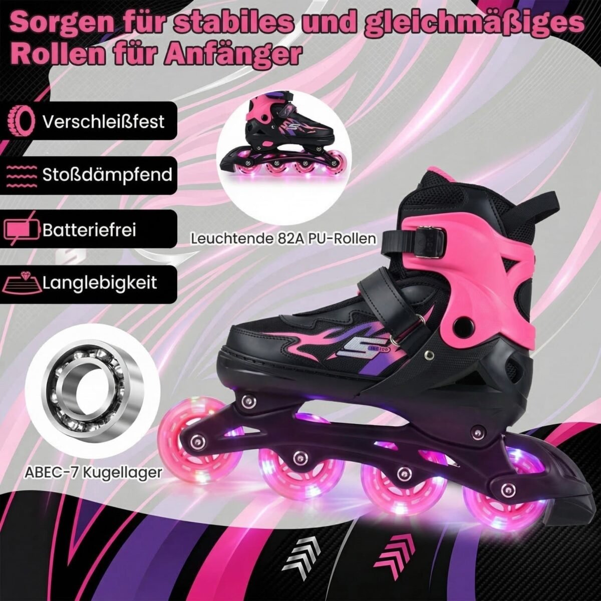 Vaikiški reguliuojami riedučiai su šviečiančiais ratukais pradedantiesiems EU 30-33 (Rožinė) – Paveikslėlis 4