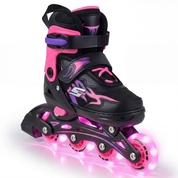 Vaikiški reguliuojami riedučiai su šviečiančiais ratukais pradedantiesiems (Rožinė)