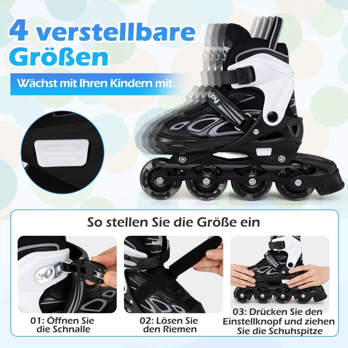 Vaikiški riedučiai su 4 reguliuojamais dydžiais ir šviečiančiais ratukais 32-36 (EU) (Juoda ir balta) – Paveikslėlis 3