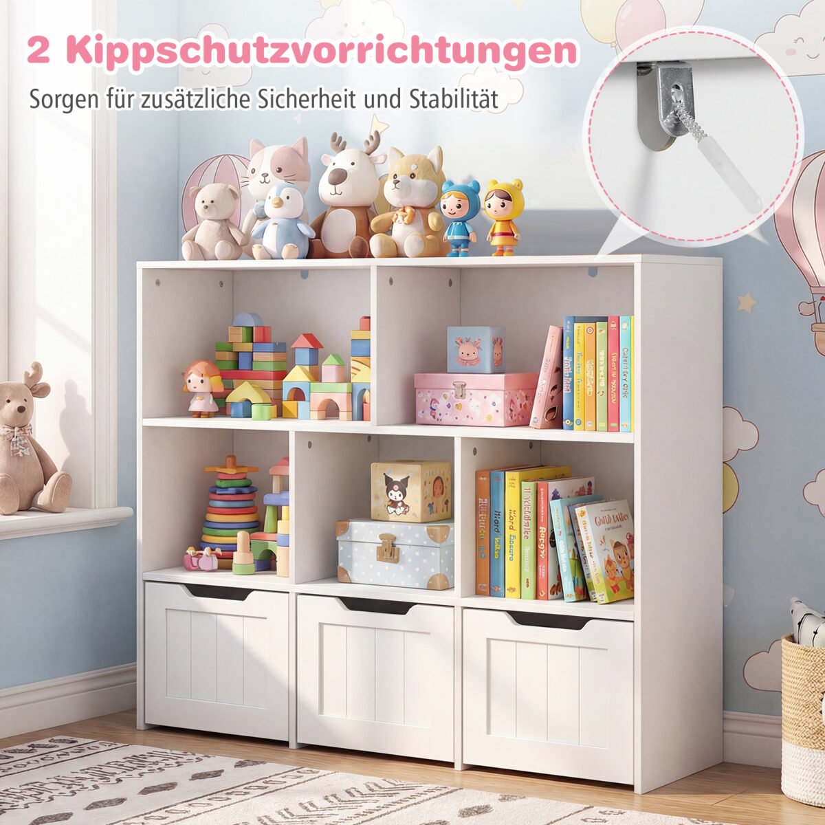 Vaikų spintelė ant ratukų su atvirais skyriais ir stalčiais (Balta) – Paveikslėlis 3