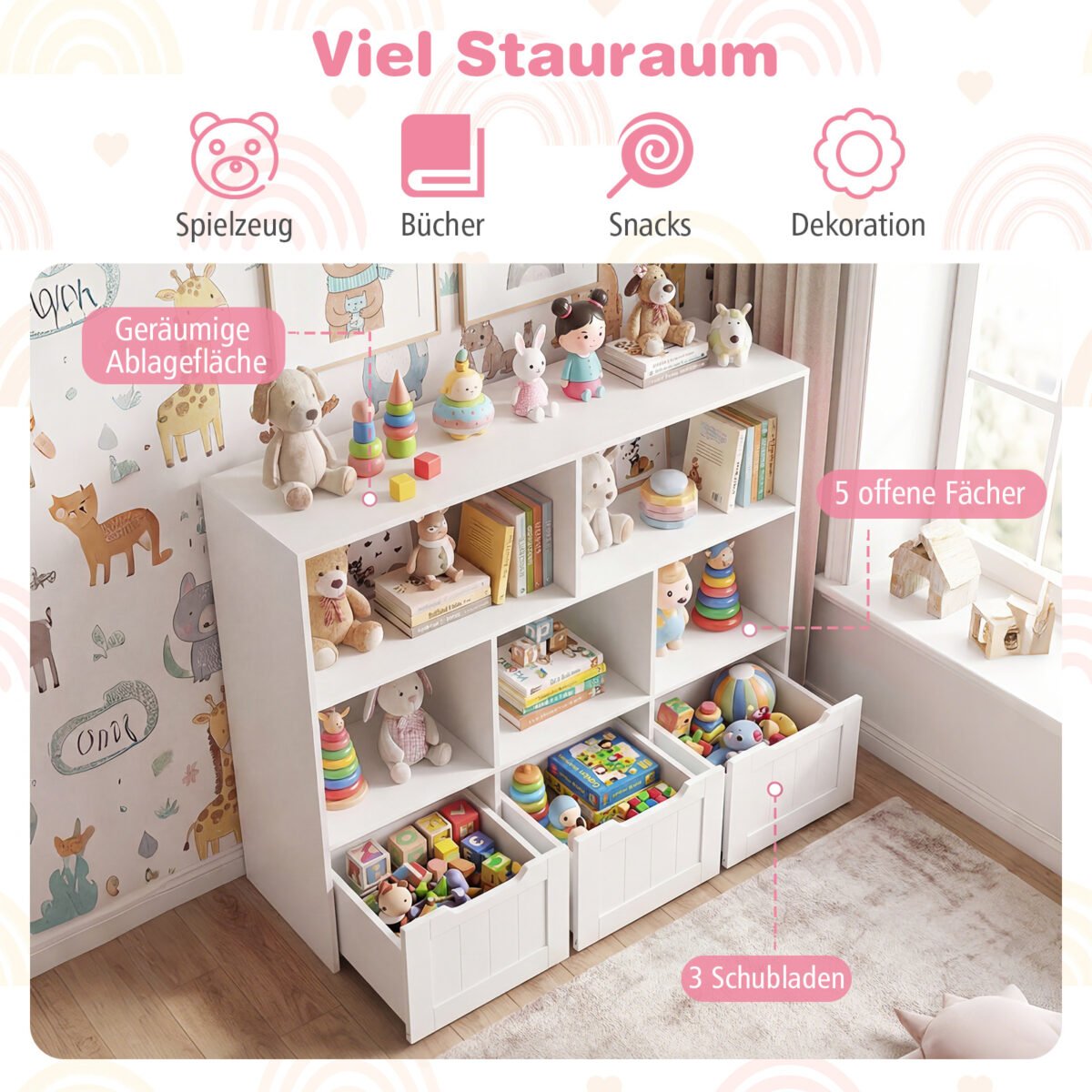 Vaikų spintelė ant ratukų su atvirais skyriais ir stalčiais (Balta) – Paveikslėlis 4