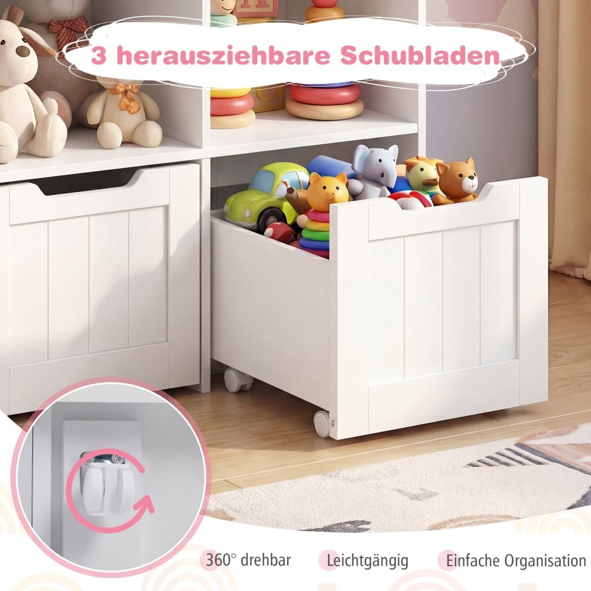 Vaikų spintelė ant ratukų su atvirais skyriais ir stalčiais (Balta) – Paveikslėlis 5