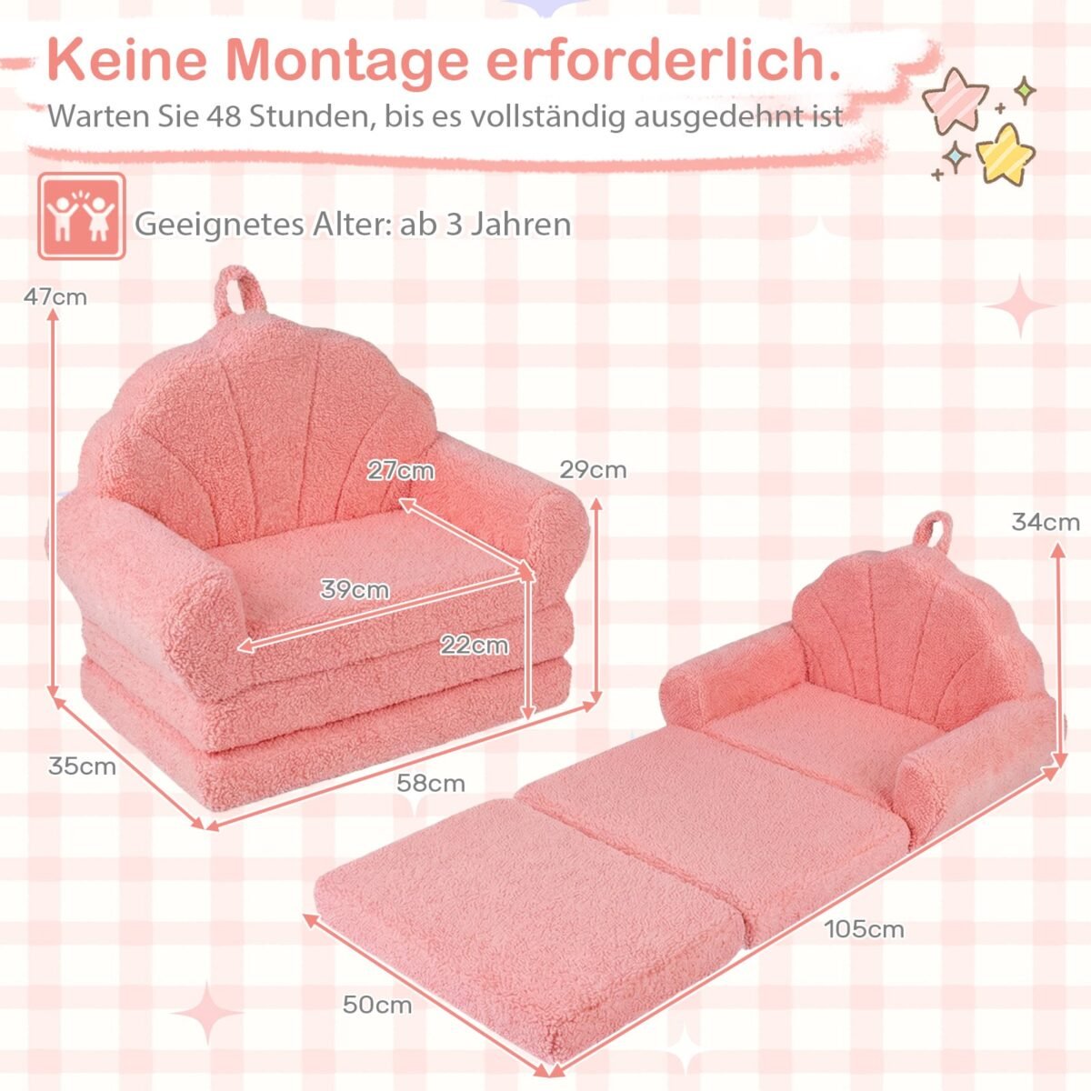 Vaikų sulankstoma sofa-fotelis su miego funkcija 2-in-1 (Rožinė) – Paveikslėlis 2