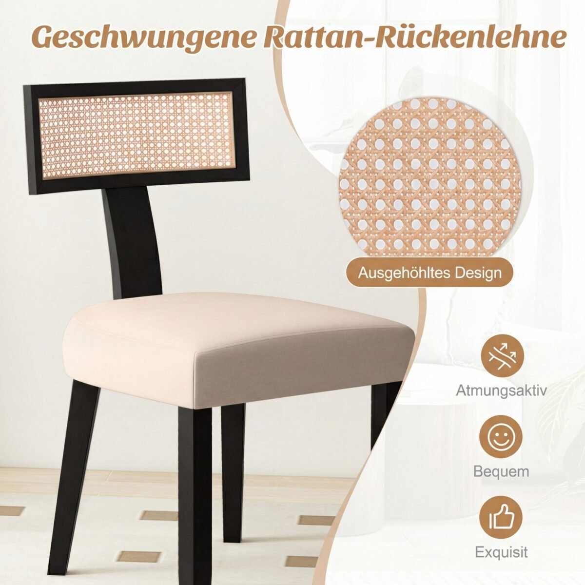 Valgomojo kėdė su rotango atlošu ir paminkštinta sėdyne (Juoda)