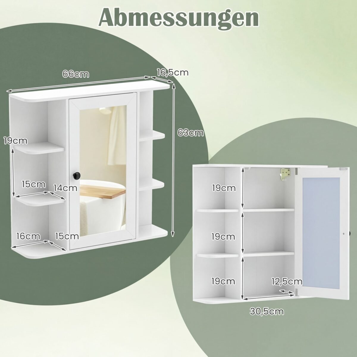 Veidrodinė vonios spintelė su lentynomis ir lanksčiu montavimu (Balta) – Paveikslėlis 2