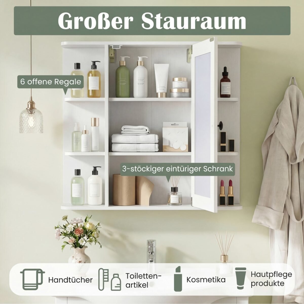 Veidrodinė vonios spintelė su lentynomis ir lanksčiu montavimu (Balta) – Paveikslėlis 4