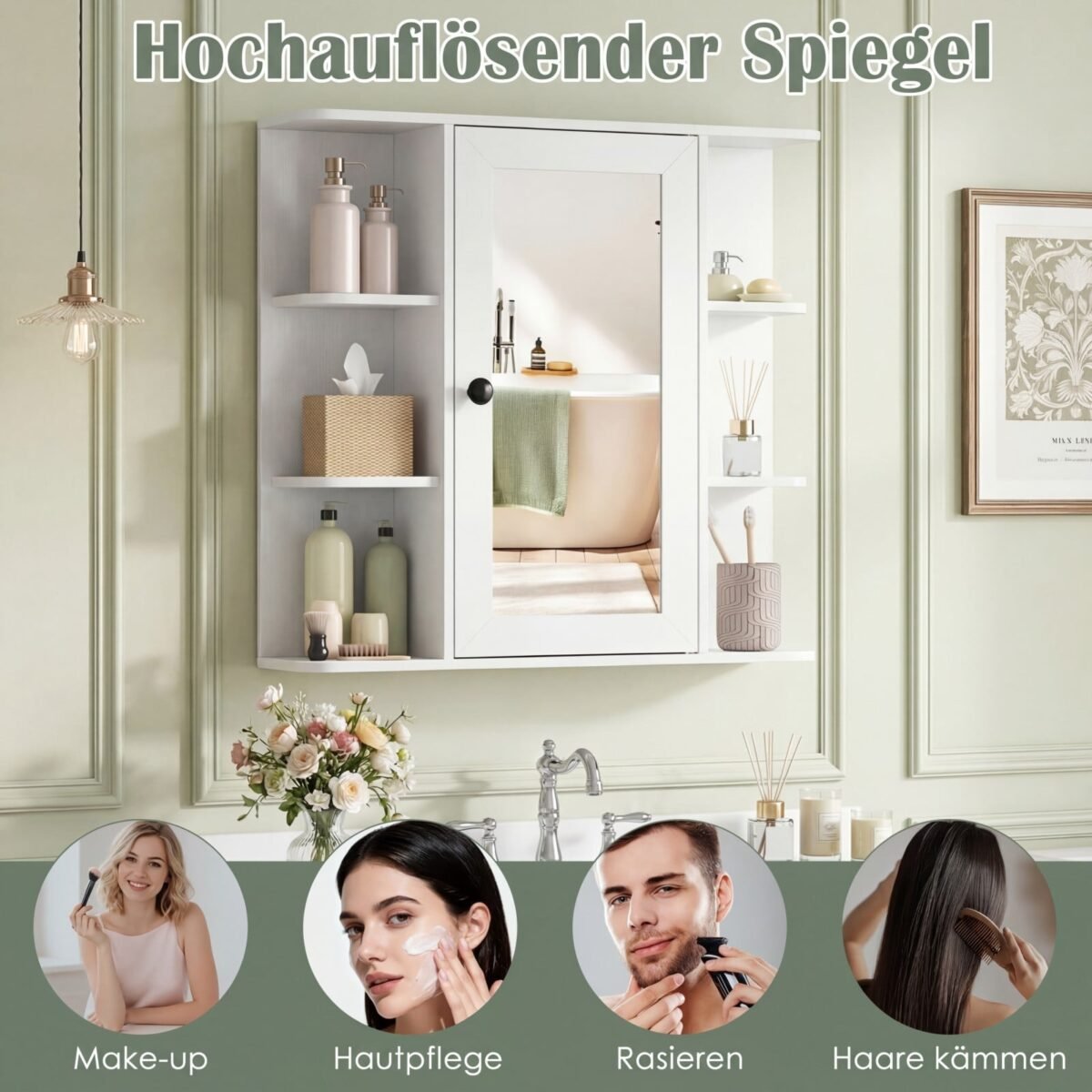 Veidrodinė vonios spintelė su lentynomis ir lanksčiu montavimu (Balta) – Paveikslėlis 5