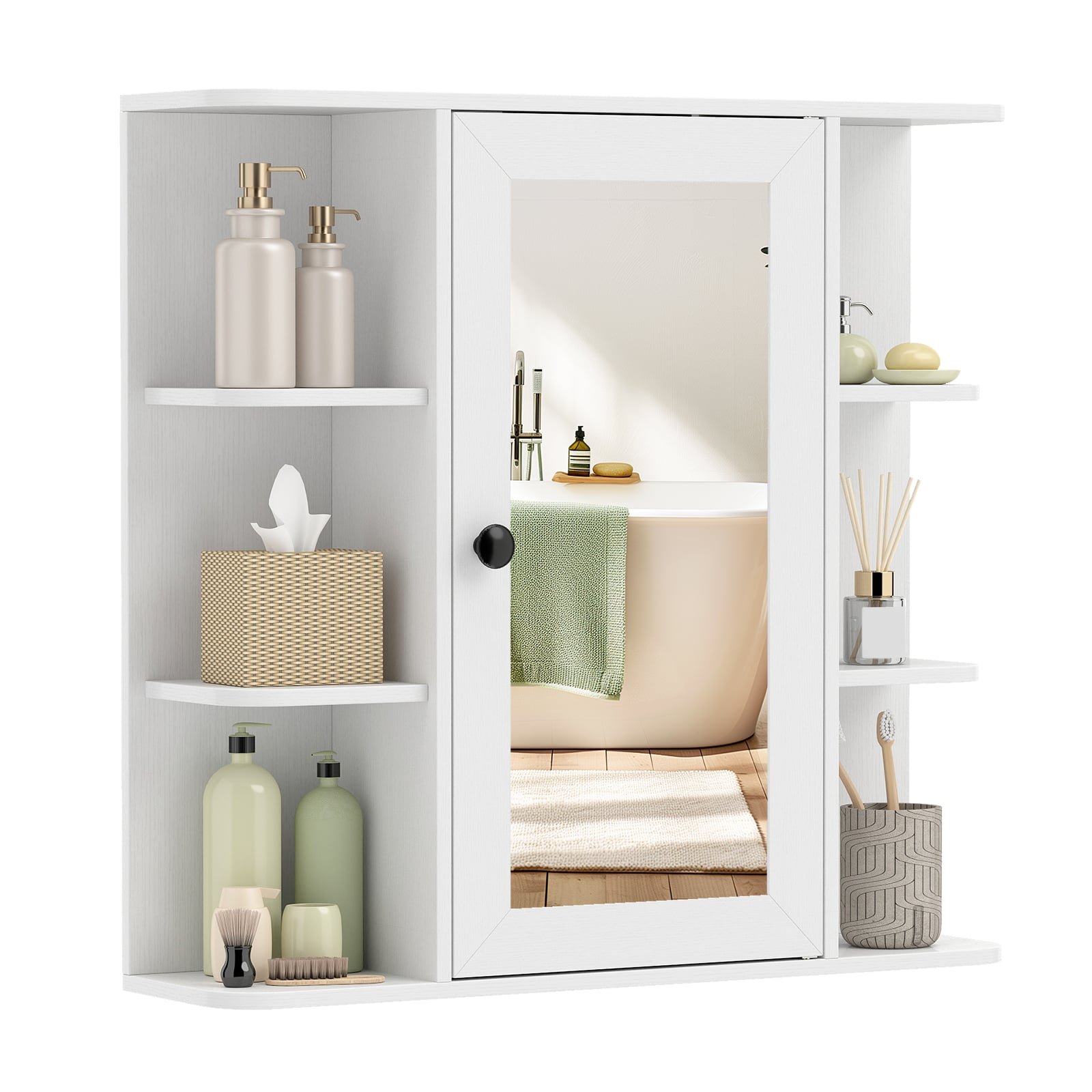 Veidrodinė vonios spintelė su lentynomis ir lanksčiu montavimu (Balta)